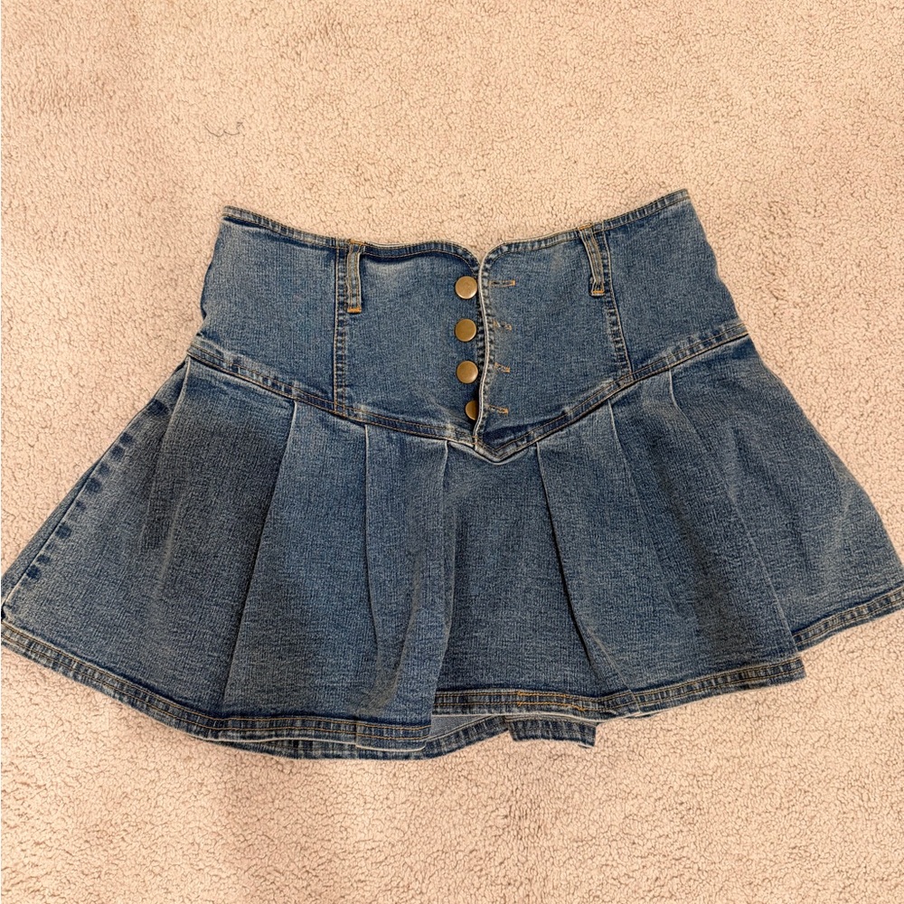 Kimchi Blue Denim Skater Skirt with Button Detail